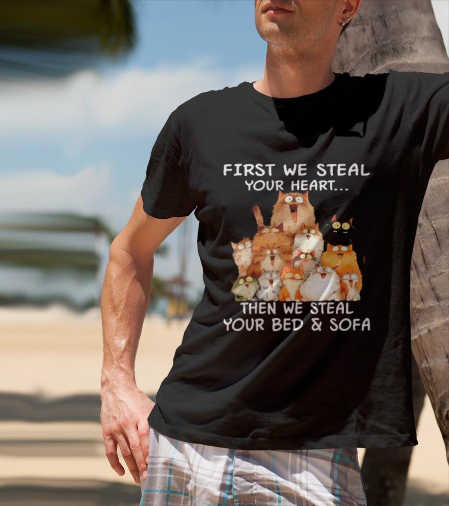 First We Steal Your Heart Then We Steal Your Bed And Sofa Cats Stack T-Shirt