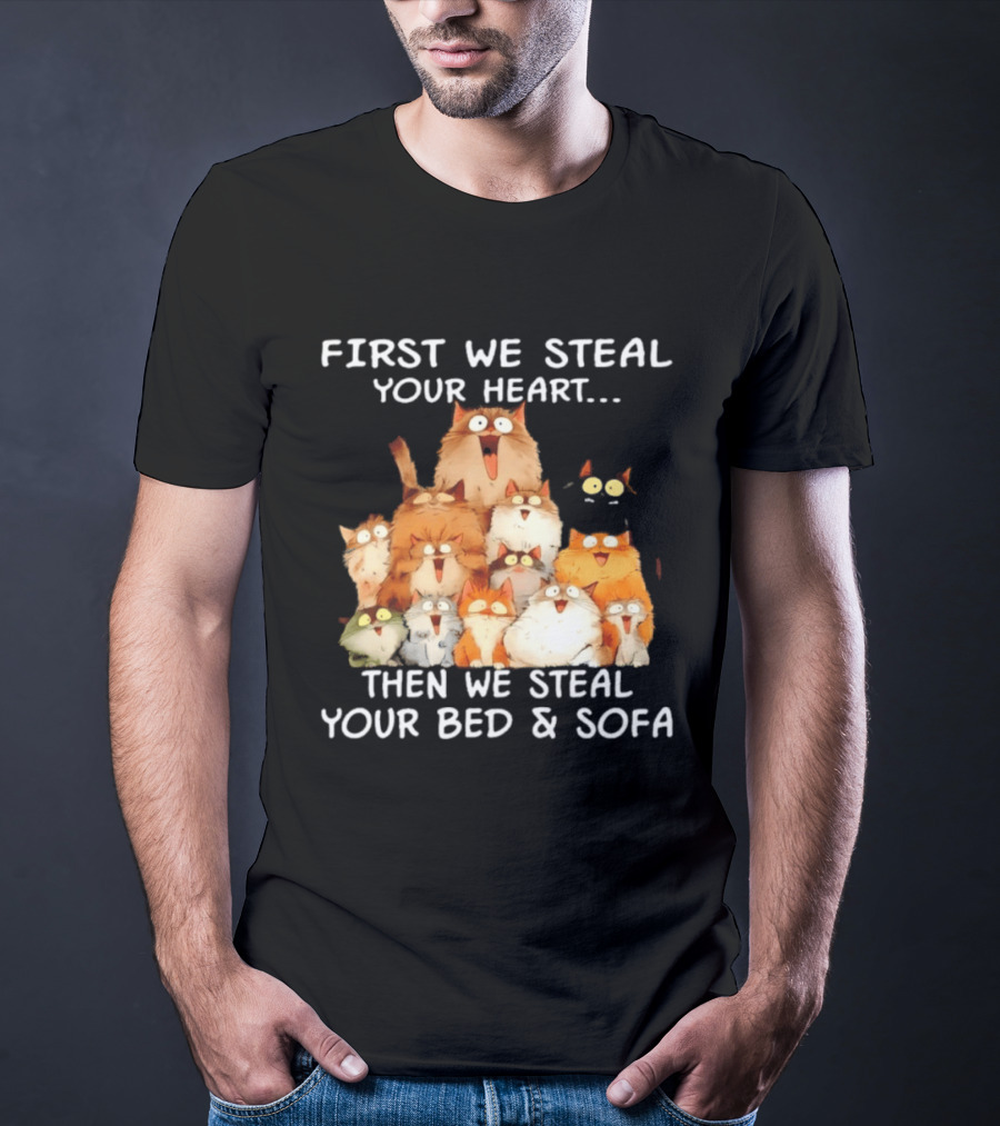 First We Steal Your Heart Then We Steal Your Bed And Sofa Cats Stack T-Shirt