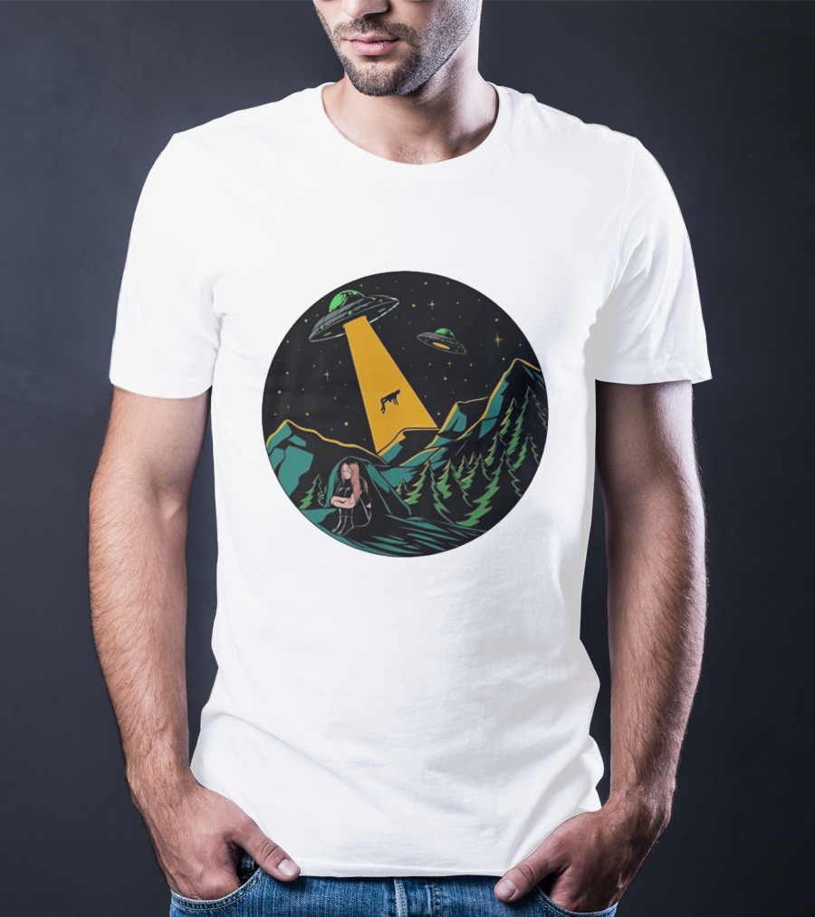 UFOs Aliens Abduction Night Sky Mountains Forest Trees Stars Beam T-Shirt