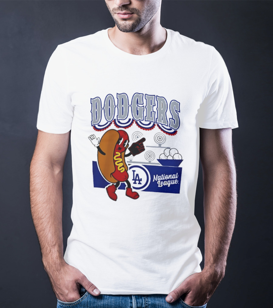 Cartoon Hot Dog Dodgers LA National League Baseball T-Shirt