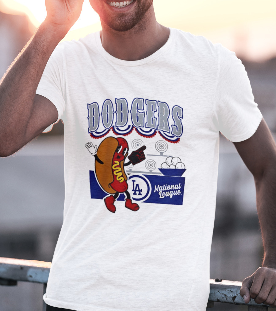 Cartoon Hot Dog Dodgers LA National League Baseball T-Shirt