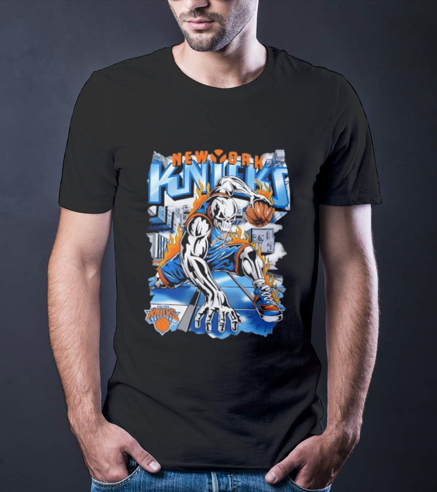 New York Knicks Basketball Urban Street Art Comic Style Flame Warrior T-Shirt
