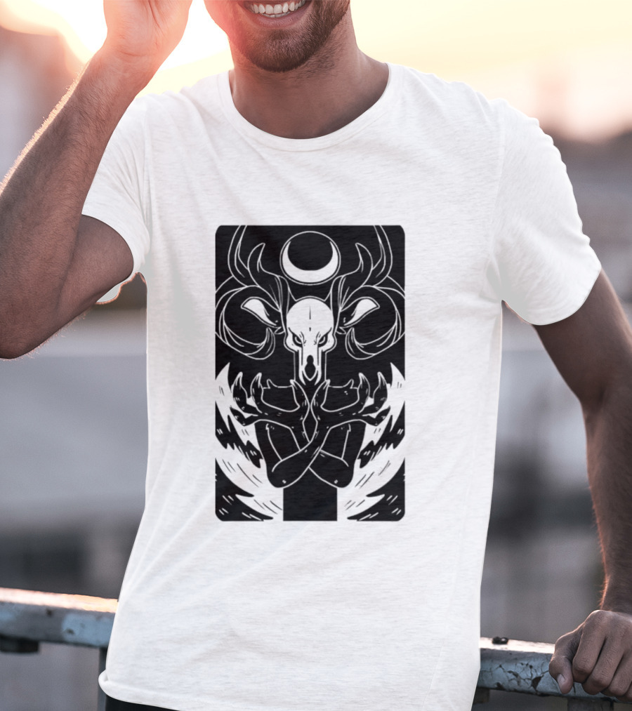 Deer Skull Antlers Crescent Moon Spirit Hands Rays Ritual Mystical Symbolism T-Shirt