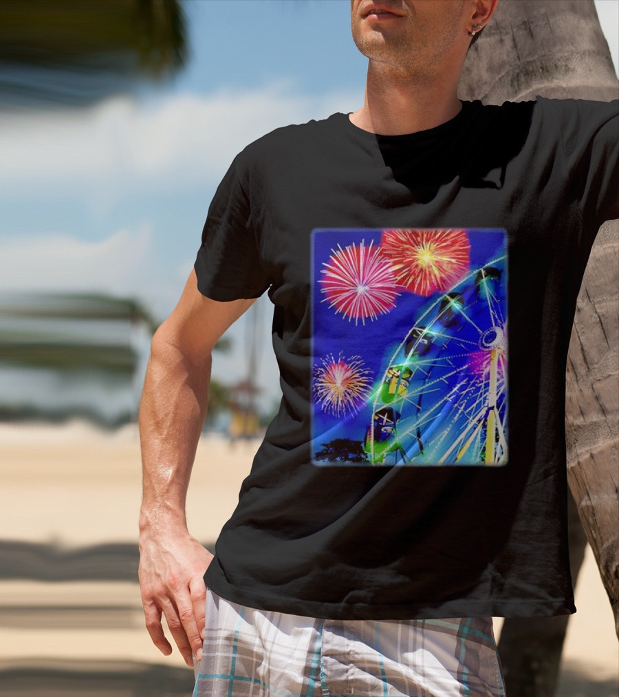 Ferris Wheel Fireworks Night Display Blue Sky T-Shirt