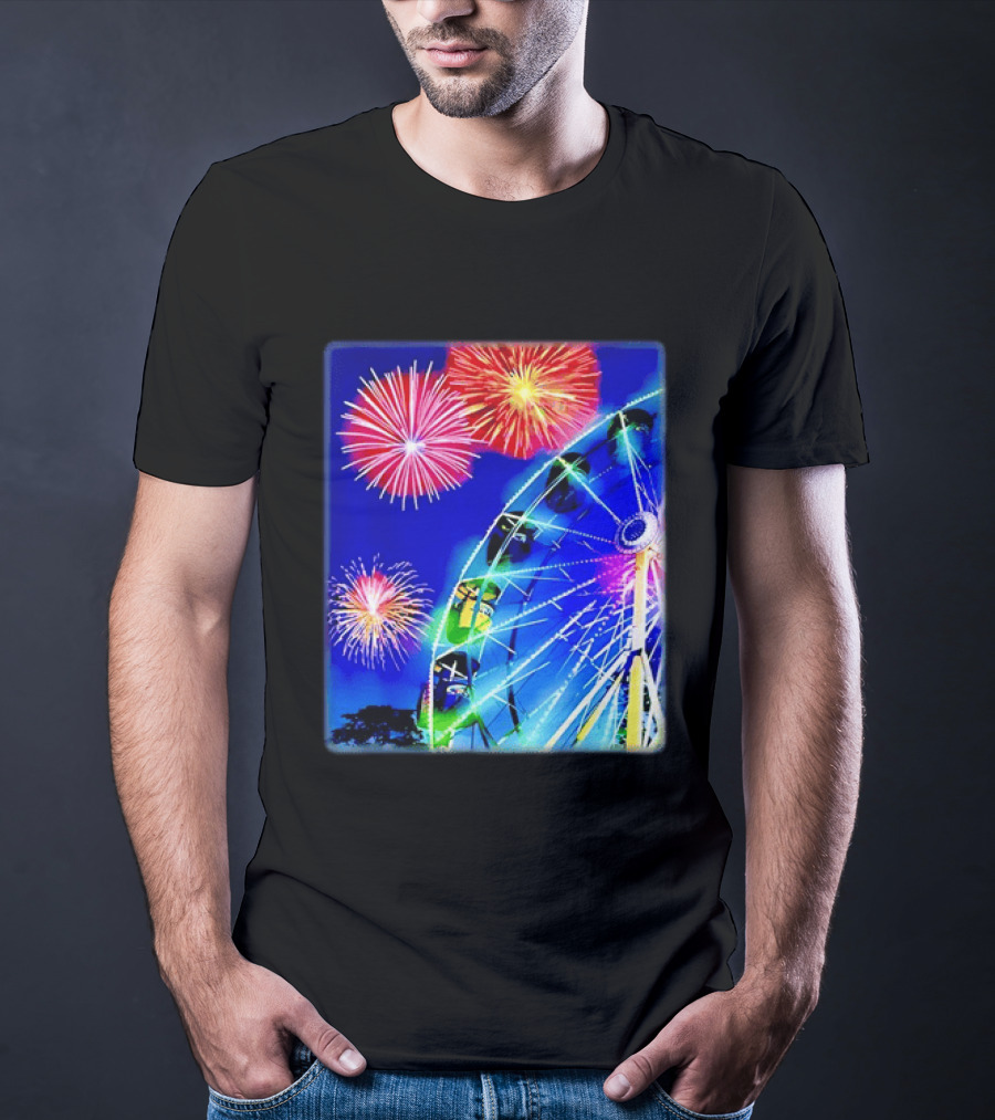 Ferris Wheel Fireworks Night Display Blue Sky T-Shirt