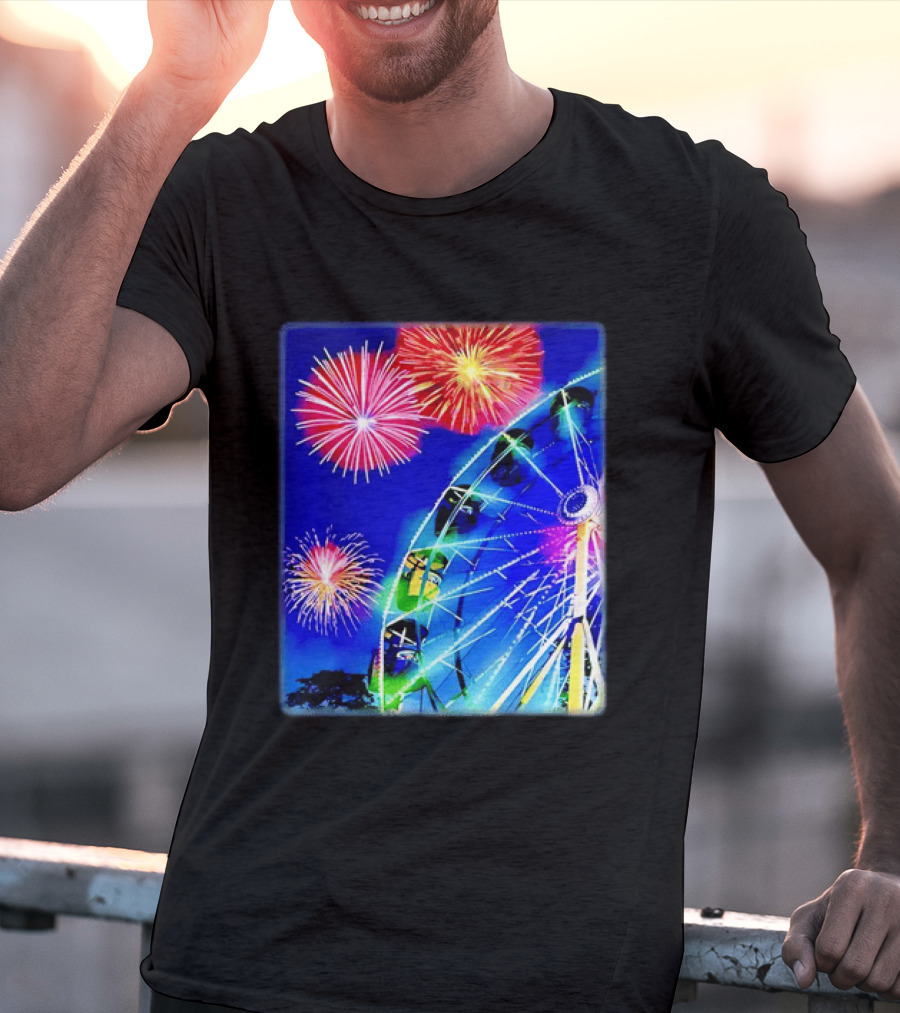 Ferris Wheel Fireworks Night Display Blue Sky T-Shirt