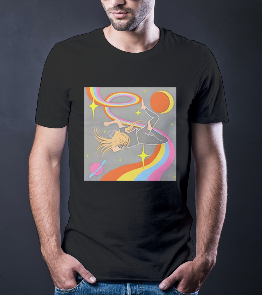 Rainbow Swirl Stars Crescent Moon Planet Orbit Cosmos Night Galaxy T-Shirt