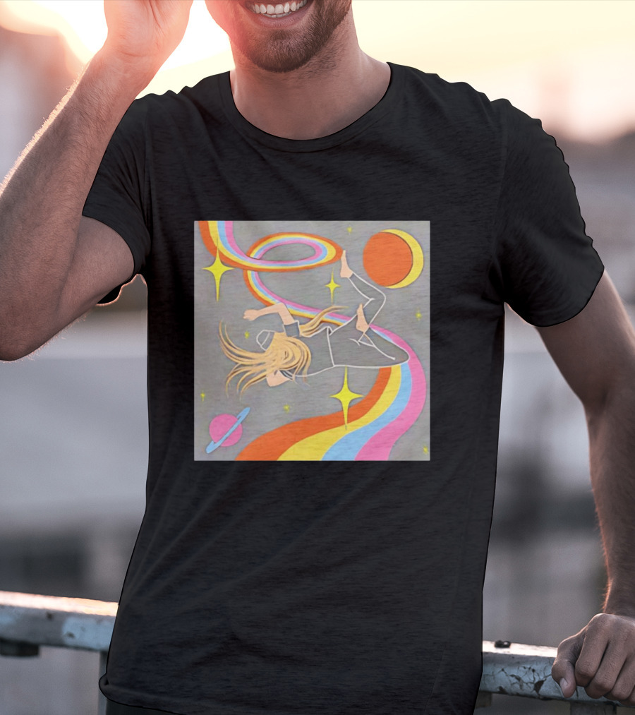 Rainbow Swirl Stars Crescent Moon Planet Orbit Cosmos Night Galaxy T-Shirt