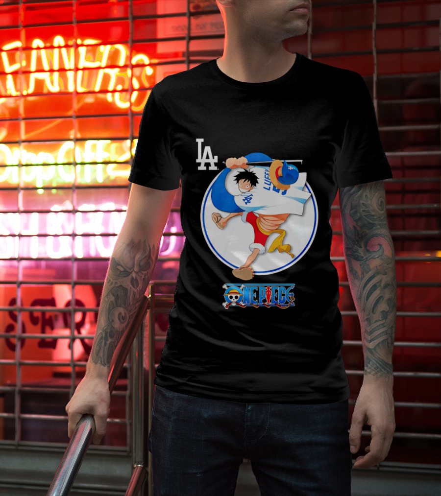 Los Angeles Dodgers Luffy OnePiece Collaboration With LA Logo And One Piece Branding T-Shirt