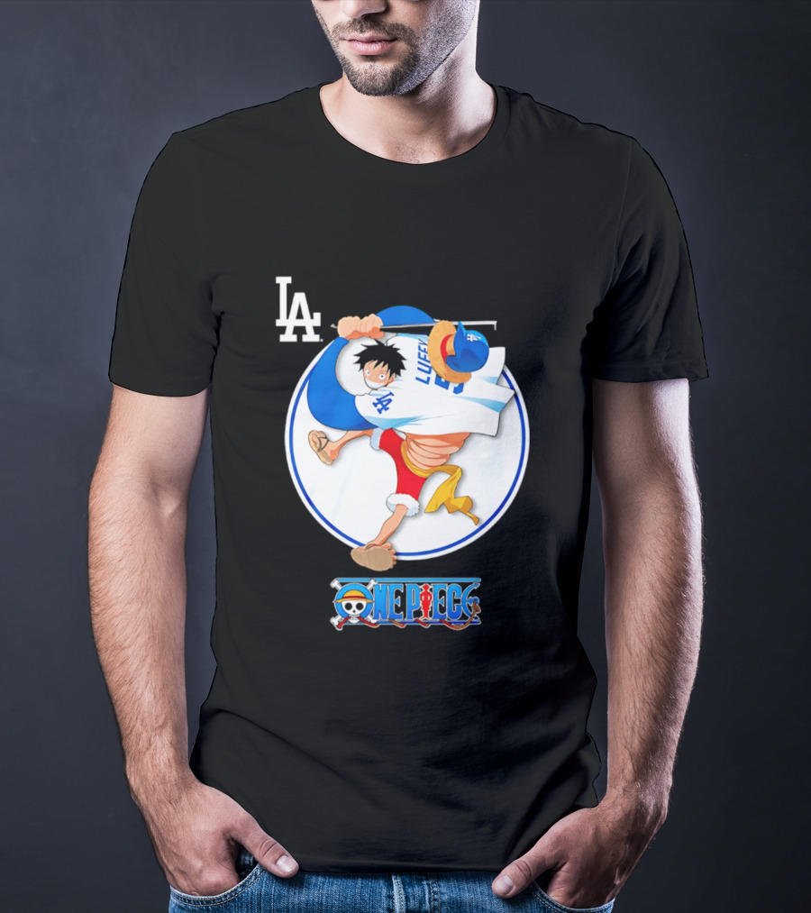 Los Angeles Dodgers Luffy OnePiece Collaboration With LA Logo And One Piece Branding T-Shirt