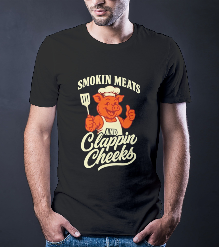 Smokin Meats And Clappin Cheeks Pig Chef Thumbs Up BBQ T-Shirt