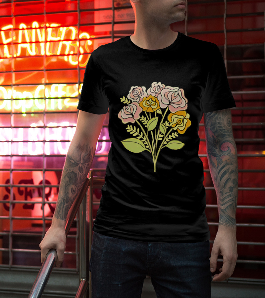 Pink Roses Yellow Roses Leaves Stems Bloom Blossom Petal Flower Plant T-Shirt