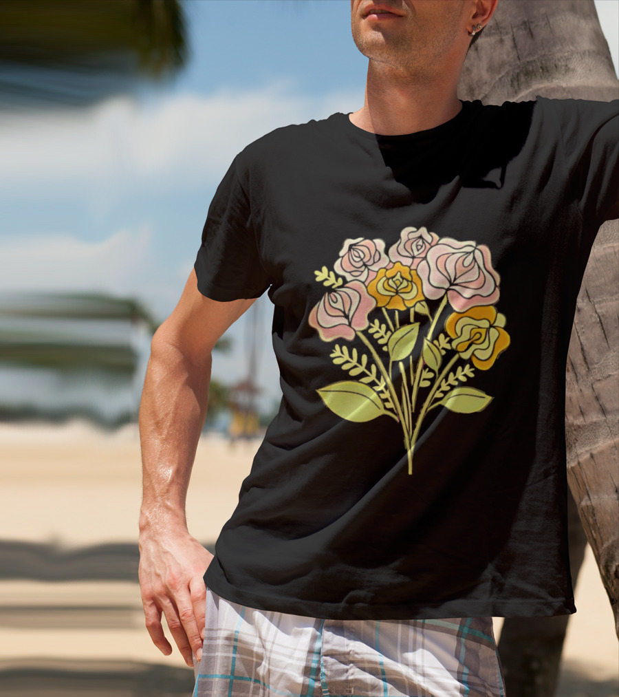 Pink Roses Yellow Roses Leaves Stems Bloom Blossom Petal Flower Plant T-Shirt