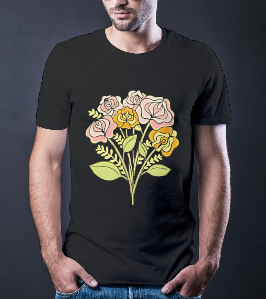 Pink Roses Yellow Roses Leaves Stems Bloom Blossom Petal Flower Plant T-Shirt