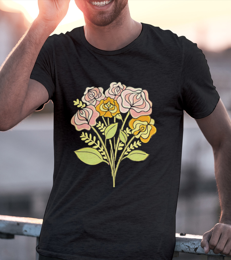 Pink Roses Yellow Roses Leaves Stems Bloom Blossom Petal Flower Plant T-Shirt