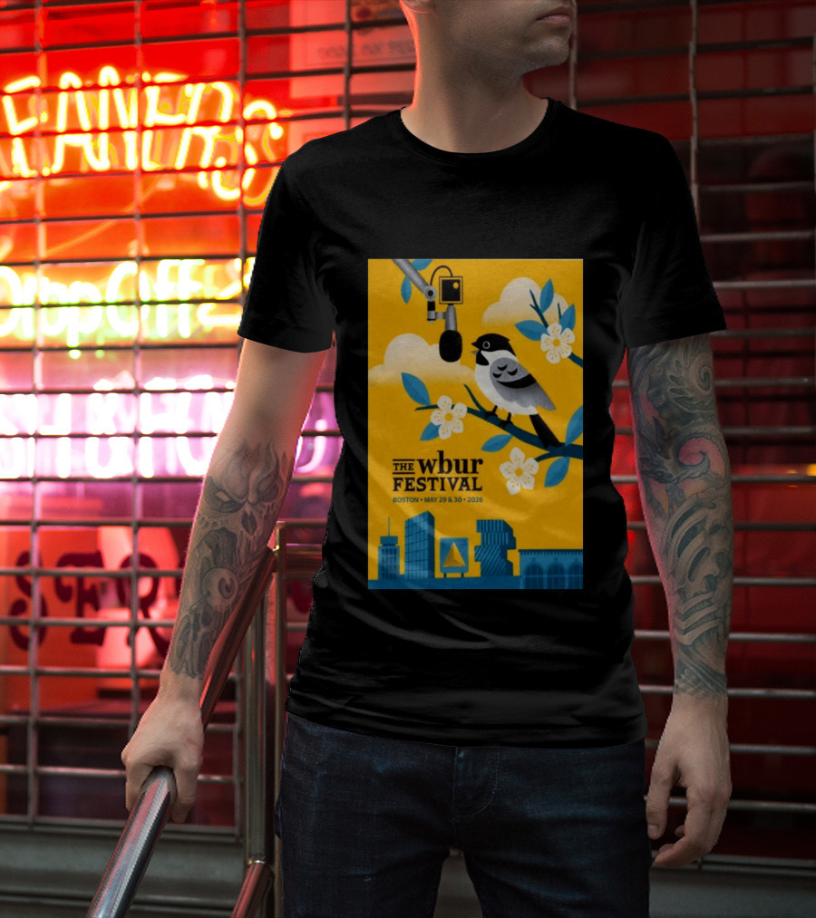 The Wbur Festival Boston 2026 Yellow Bird Microphone Urban Skyline T-Shirt