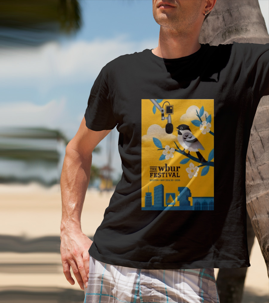 The Wbur Festival Boston 2026 Yellow Bird Microphone Urban Skyline T-Shirt