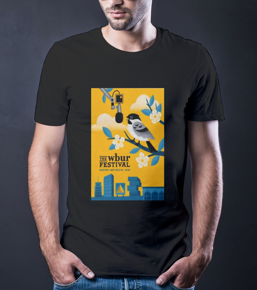 The Wbur Festival Boston 2026 Yellow Bird Microphone Urban Skyline T-Shirt