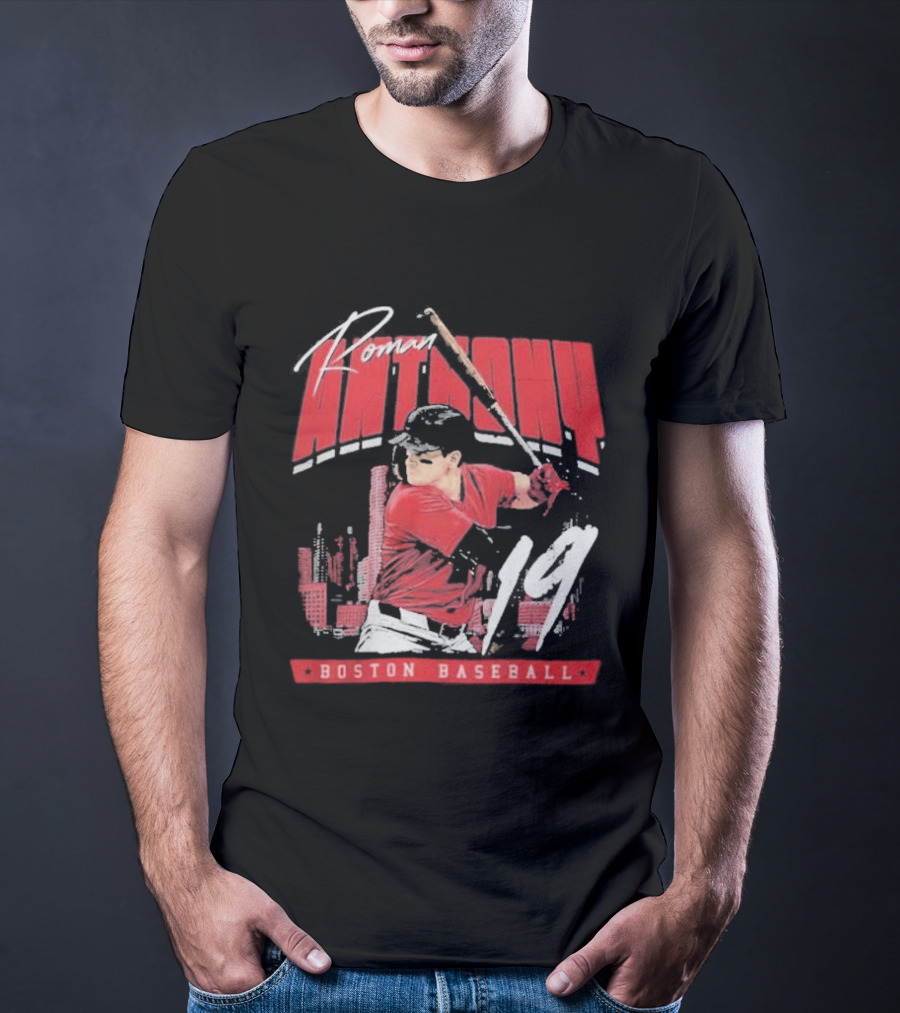Roman Anthony 19 Boston Baseball Skyline Batting Scene T-Shirt