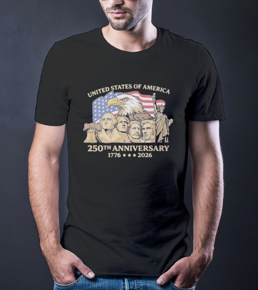 United States Of America 250th Anniversary 1776 2026 Patriotic Bald Eagle Liberty Bell Mount Rushmore Statue Of Liberty T-Shirt