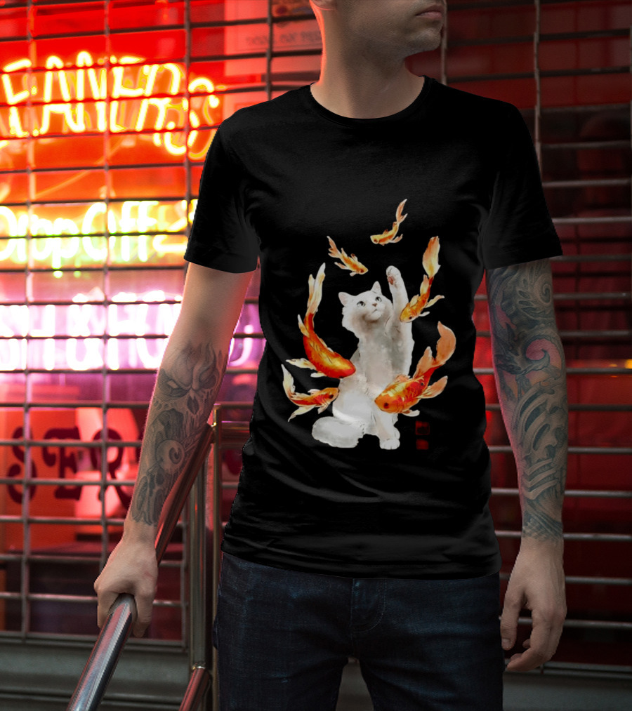 Playful White Cat Surrounded By Goldfish T-Shirt