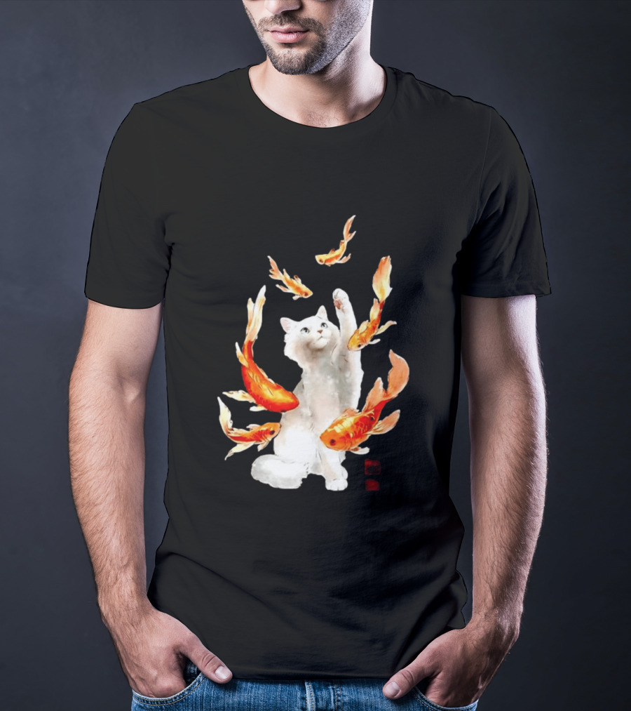 Playful White Cat Surrounded By Goldfish T-Shirt