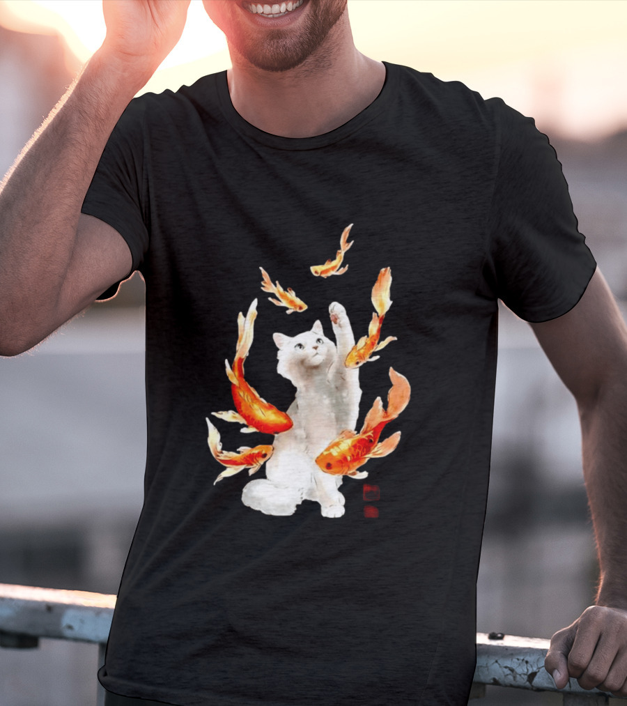 Playful White Cat Surrounded By Goldfish T-Shirt