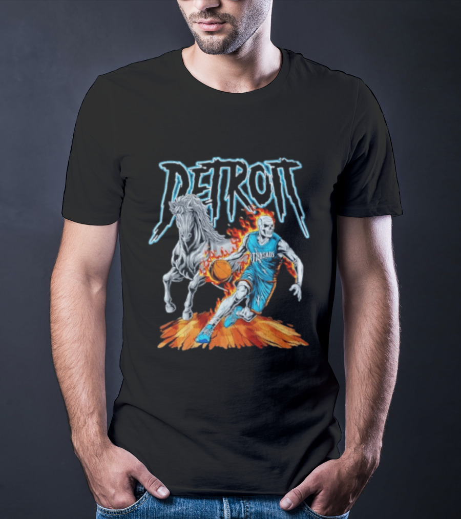Detroit Skeleton Basketball Player With Fiery Basketball And Horse T-Shirt
