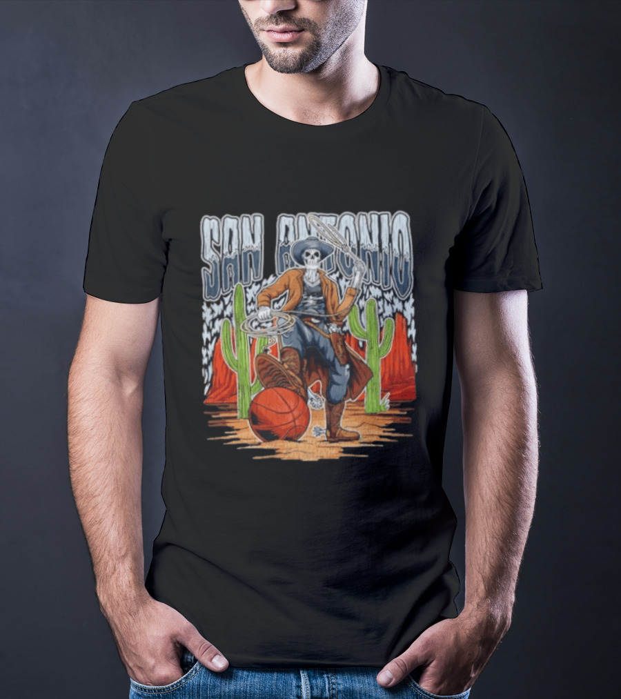 San Antonio Skeleton Cowboy With Basketball And Cactus Scene T-Shirt