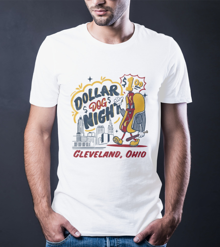 Cleveland Ohio Dollar Dog Night Baseball Skyline Hot Dog 1 Dollar T-Shirt