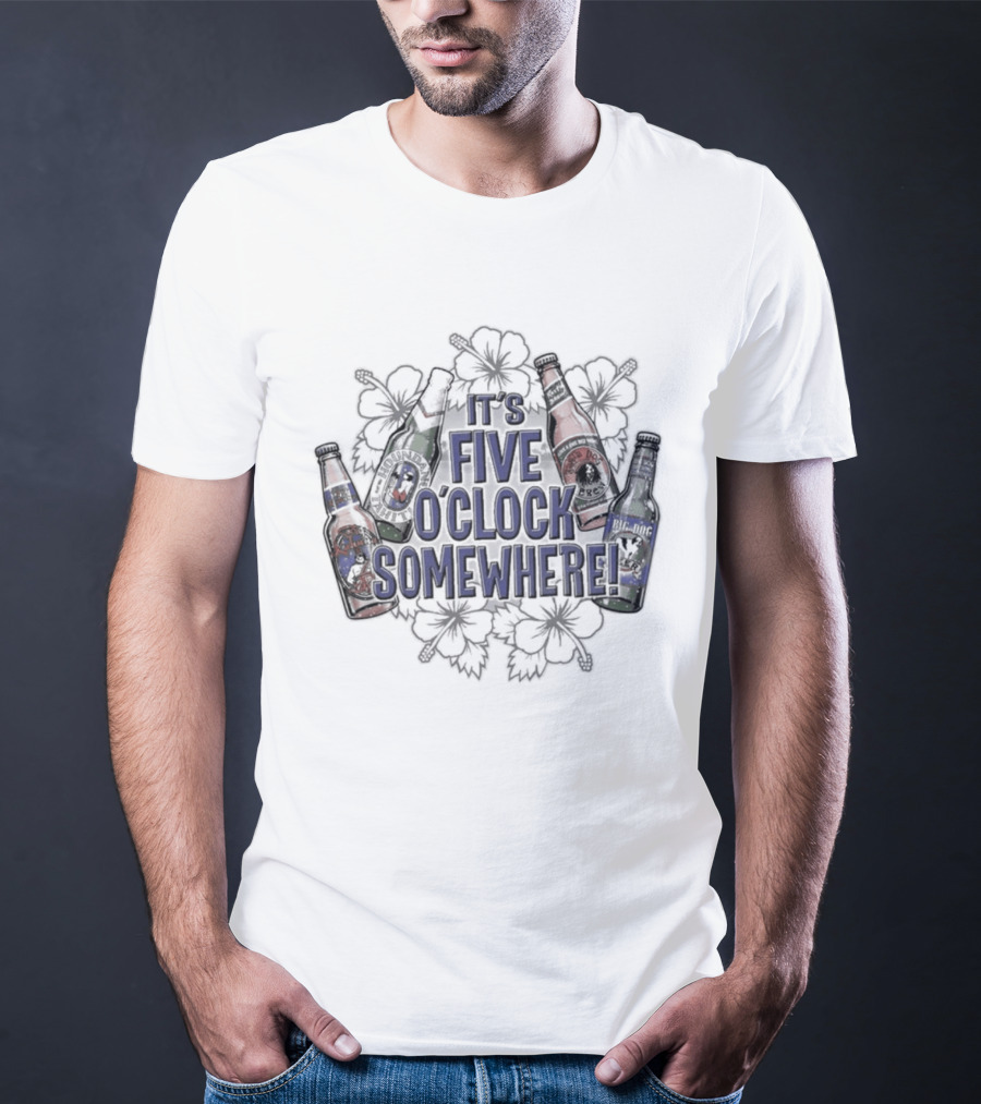 It's Five O' Somewhere Beer Bottles And Tropical Flowers T-Shirt