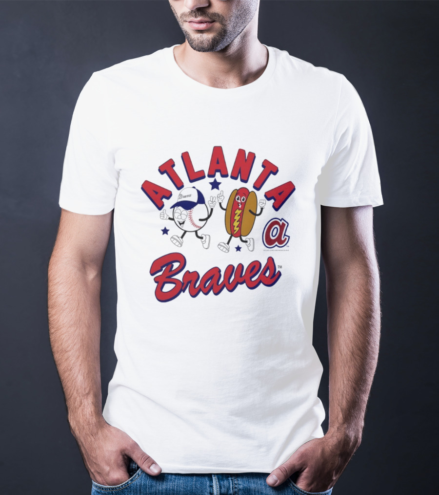 Atlanta Braves Baseball Character With Hot Dog Snack And Team Spirit T-Shirt