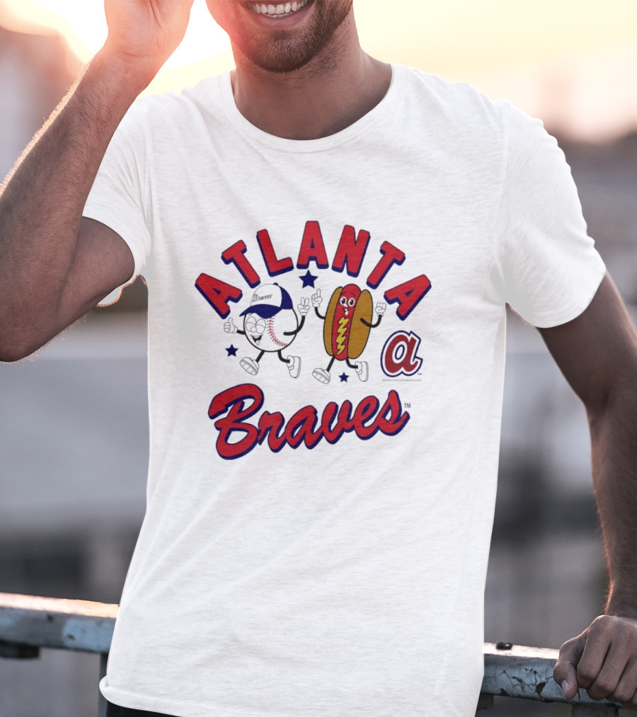 Atlanta Braves Baseball Character With Hot Dog Snack And Team Spirit T-Shirt
