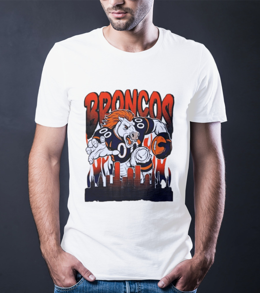 Denver Broncos Football Bronco Running Horse Skyline T-Shirt