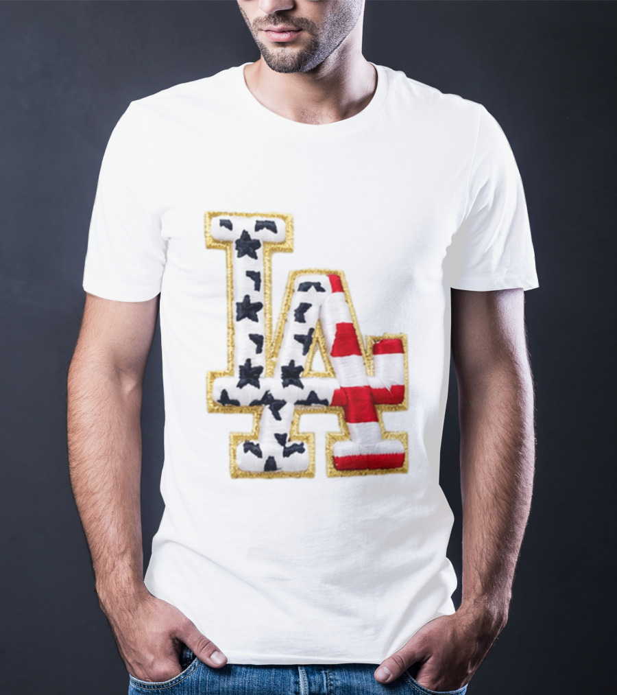 Dodgers LA 250th Anniversary Stars And Stripes Gold Trim Patch T-Shirt