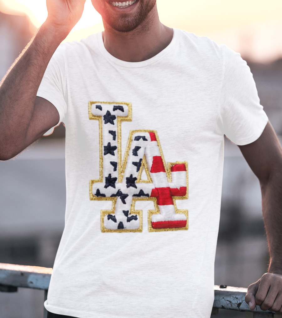 Dodgers LA 250th Anniversary Stars And Stripes Gold Trim Patch T-Shirt