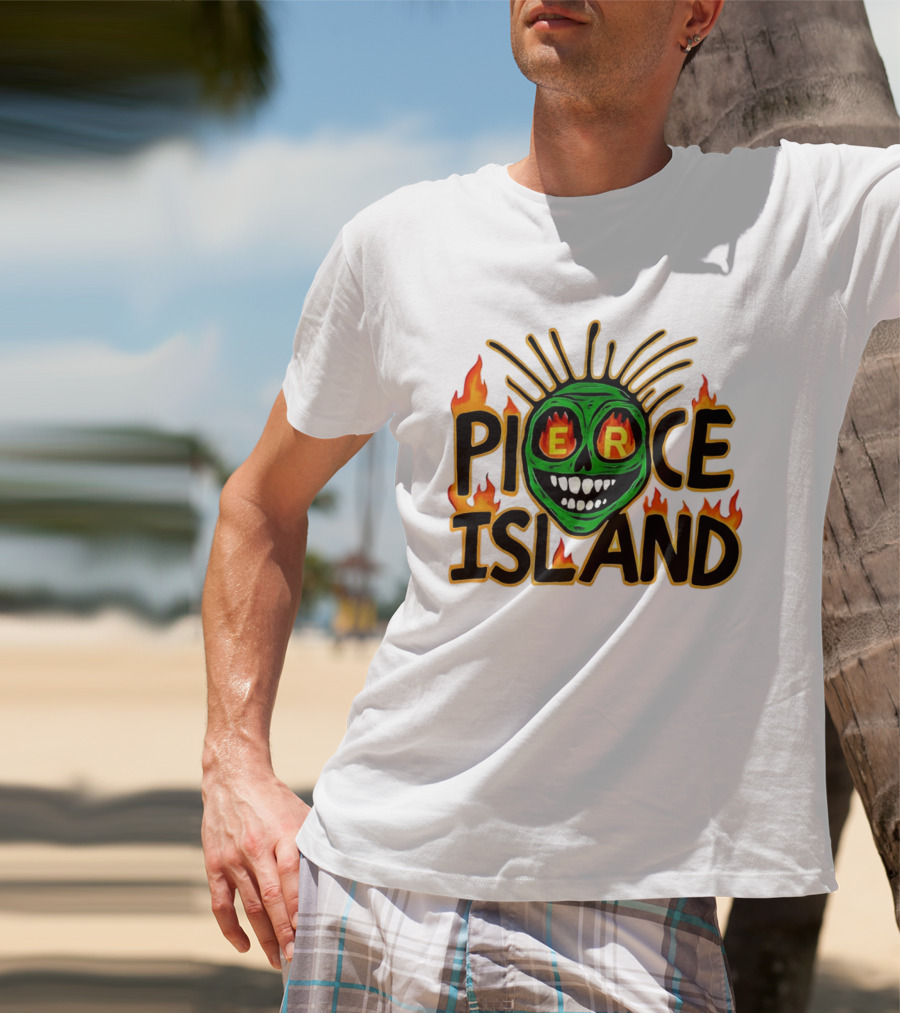 Pierce Island Green Skull Flames Spooky Island T-Shirt