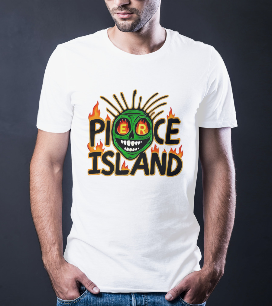Pierce Island Green Skull Flames Spooky Island T-Shirt