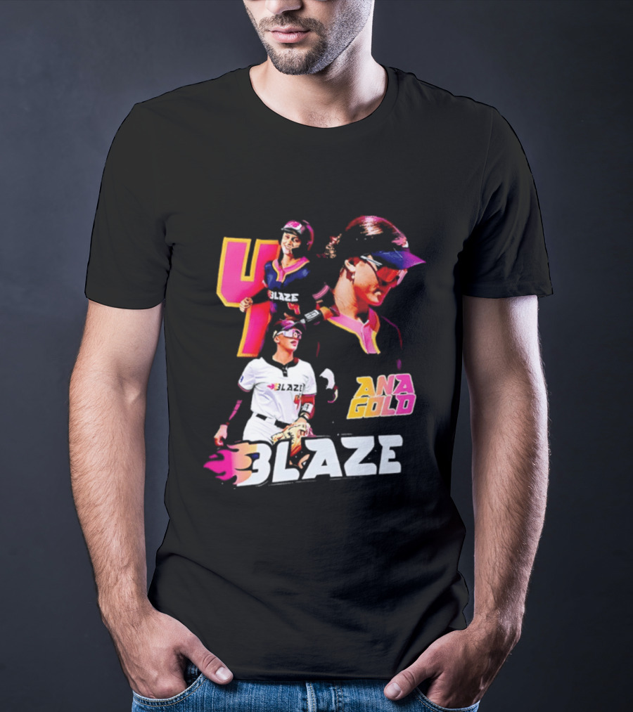 Blaze Ana Gold Softball Player Number 4 Action Collage T-Shirt