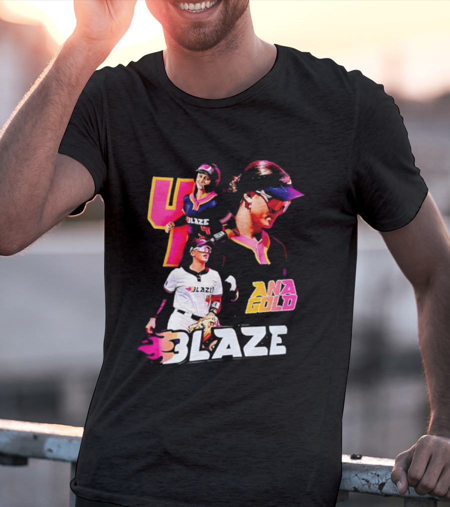 Blaze Ana Gold Softball Player Number 4 Action Collage T-Shirt