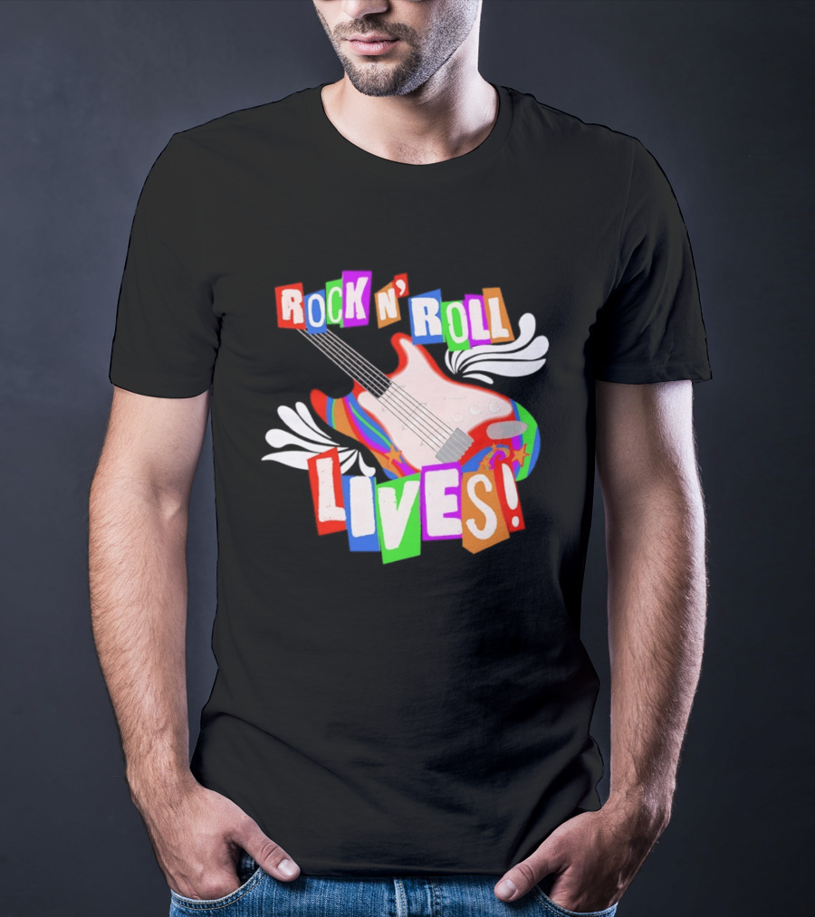 Rock N' Roll Lives Colorful Electric Guitar T-Shirt