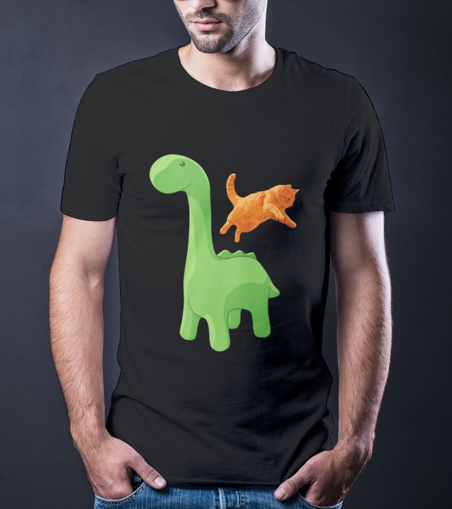Cat Jumping Over Green Dinosaur Cartoon Image T-Shirt