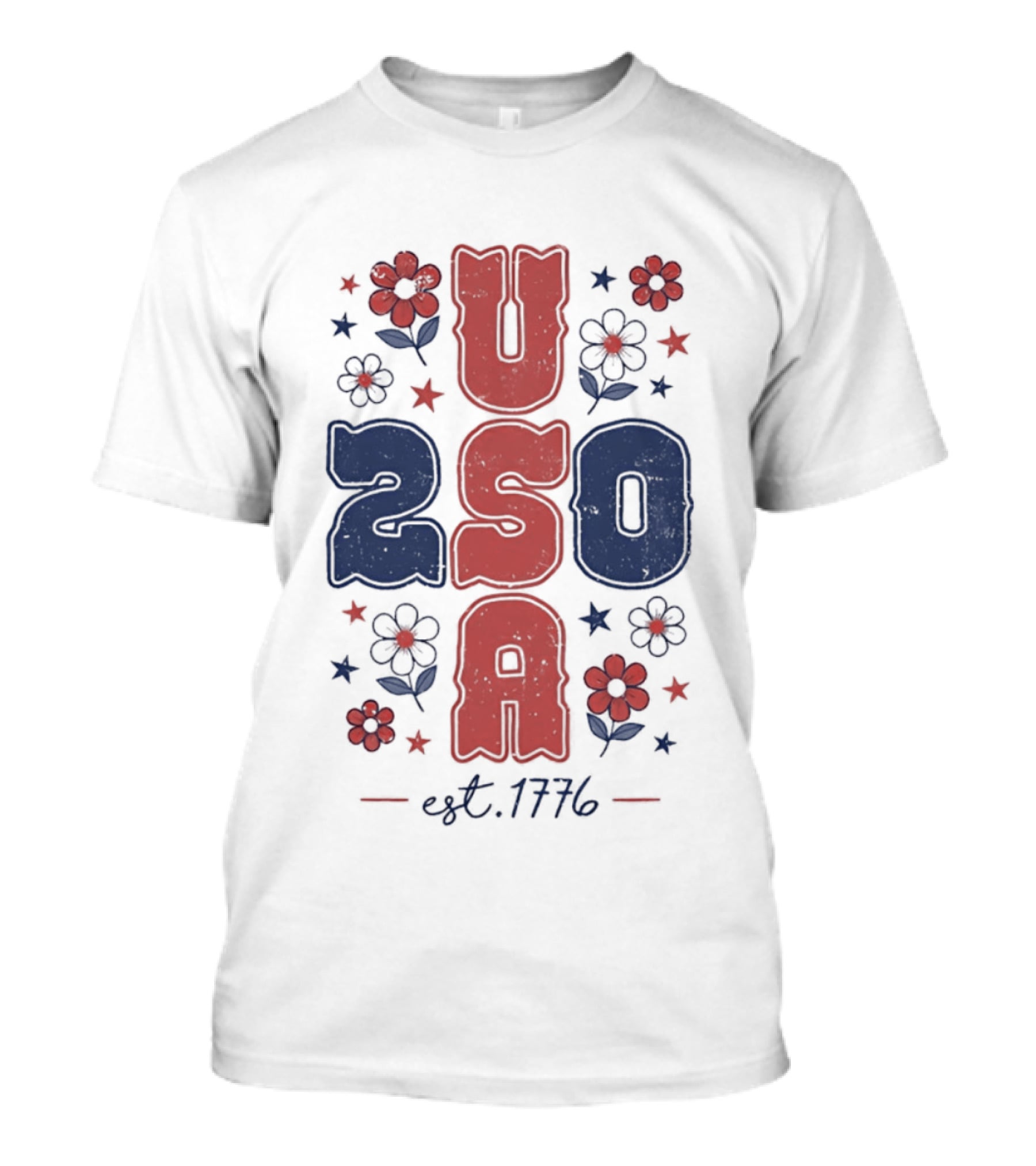 USA 250 Est 1776 American Patriotic Floral Stars Independence Day T-Shirt