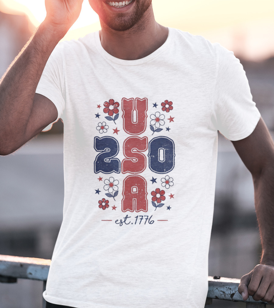 USA 250 Est 1776 American Patriotic Floral Stars Independence Day T-Shirt