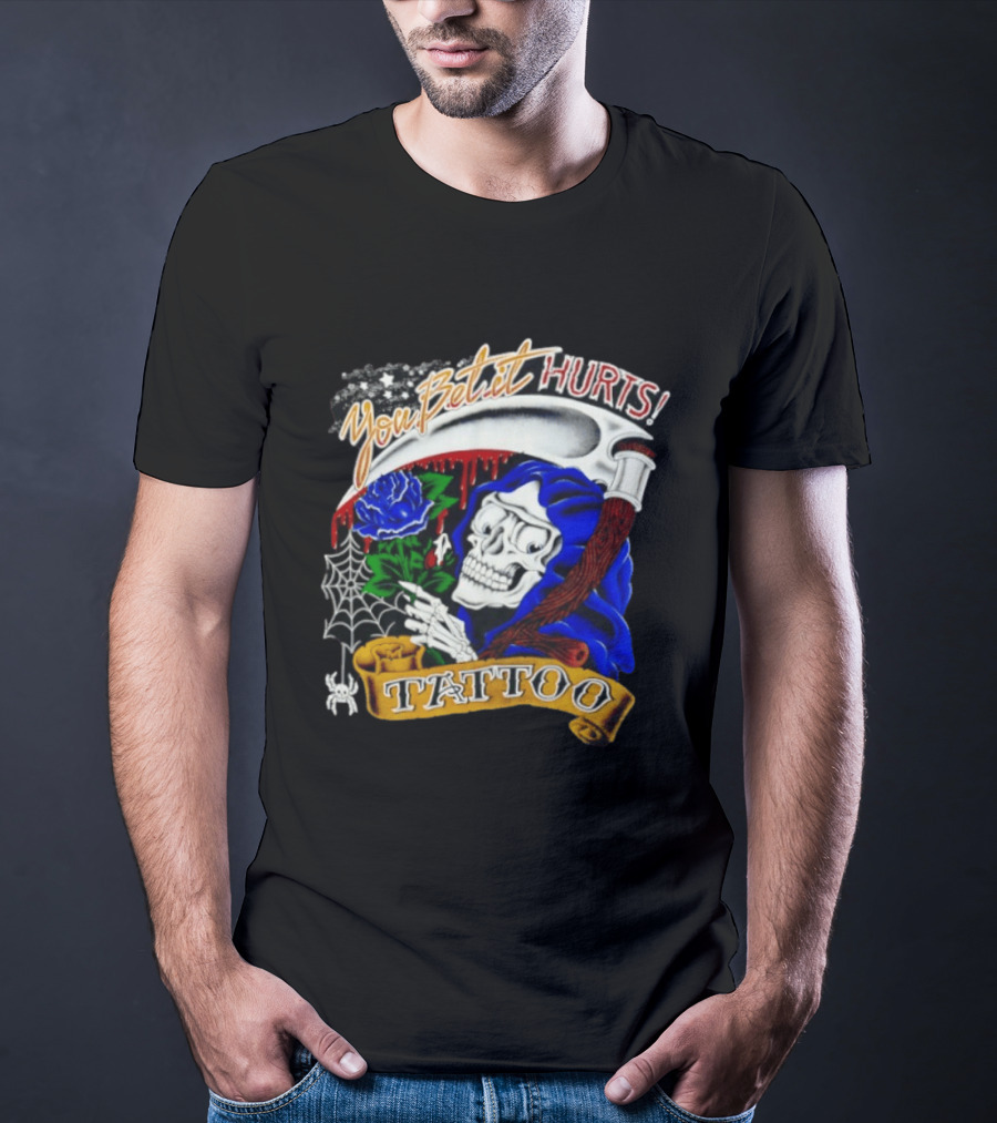 You Bet It Hurts Skeleton Rose Tattoo Spider Web T-Shirt