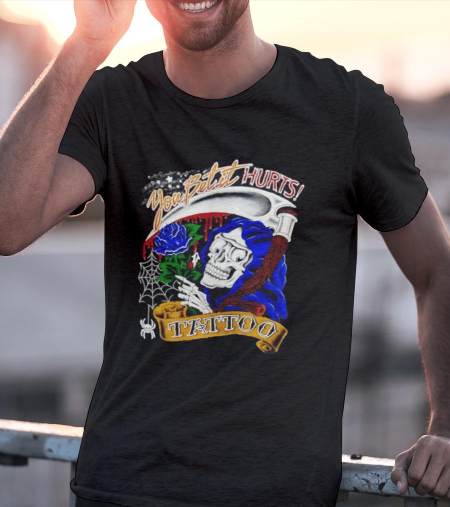 You Bet It Hurts Skeleton Rose Tattoo Spider Web T-Shirt
