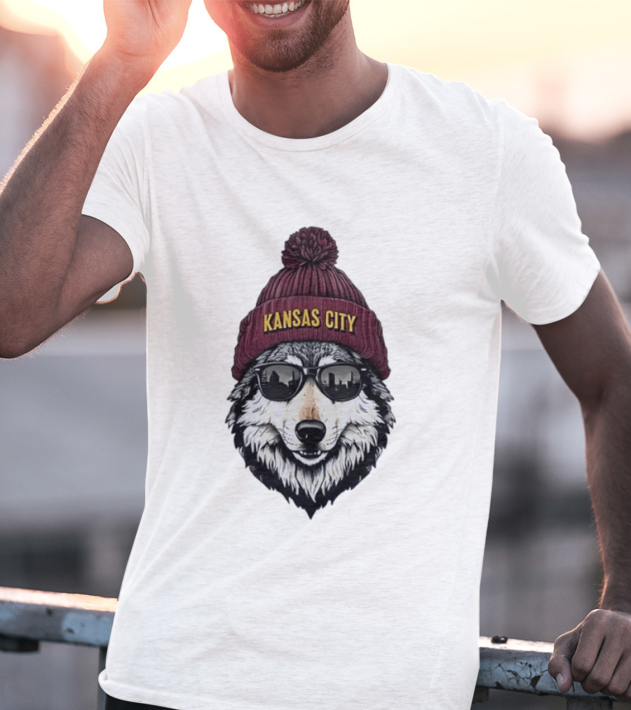 Kansas City Wolf Beanie Sunglasses Cityscape T-Shirt