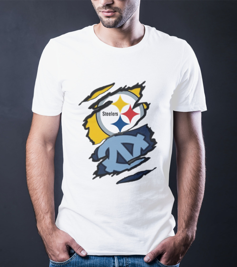 Pittsburgh Steelers UNC Tar Heels Ripped Metal Effect Logo Fusion T-Shirt