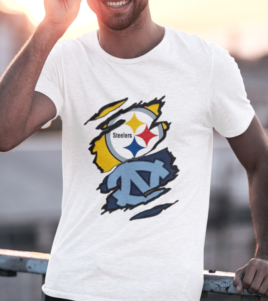 Pittsburgh Steelers UNC Tar Heels Ripped Metal Effect Logo Fusion T-Shirt
