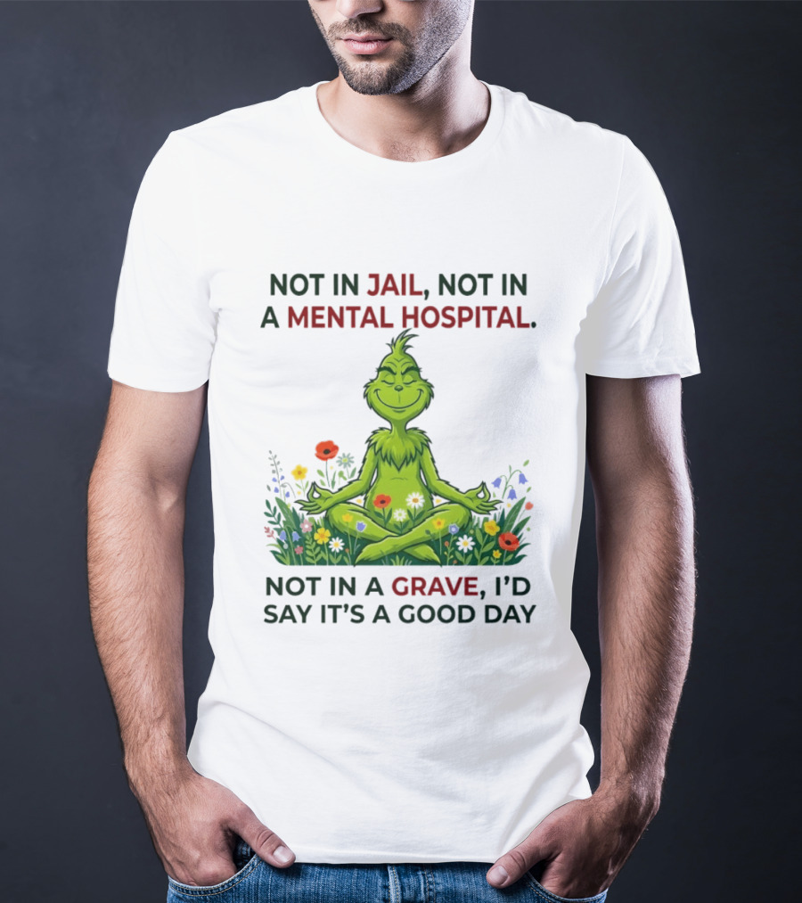 Grinch Not In Jail Not In A Mental Hospital Not In A Grave Meditation Good Day T-Shirt